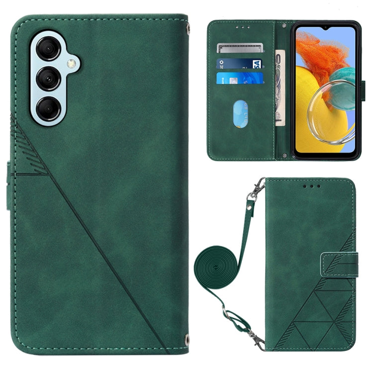 Green crossbody flip leather phone case with 3D embossed pattern and wrist strap