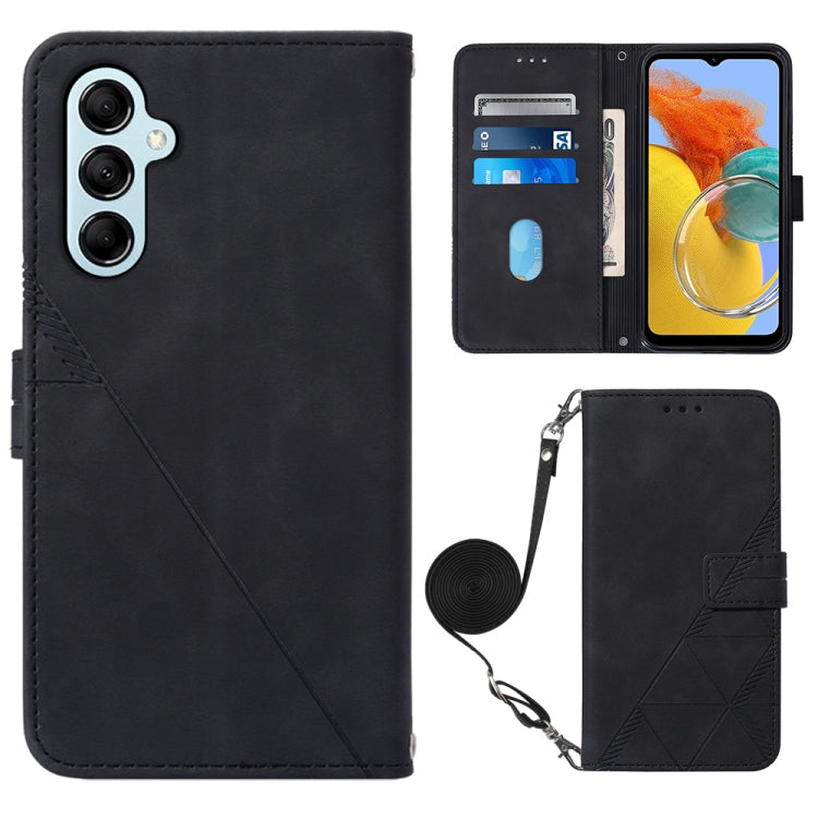 Black crossbody flip leather phone case with 3D embossed pattern and wrist strap