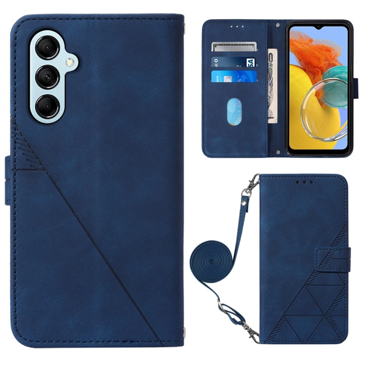 Blue crossbody flip leather phone case with 3D embossed pattern and wrist strap