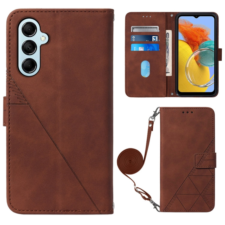 Brown crossbody flip leather phone case with 3D embossed pattern and wrist strap