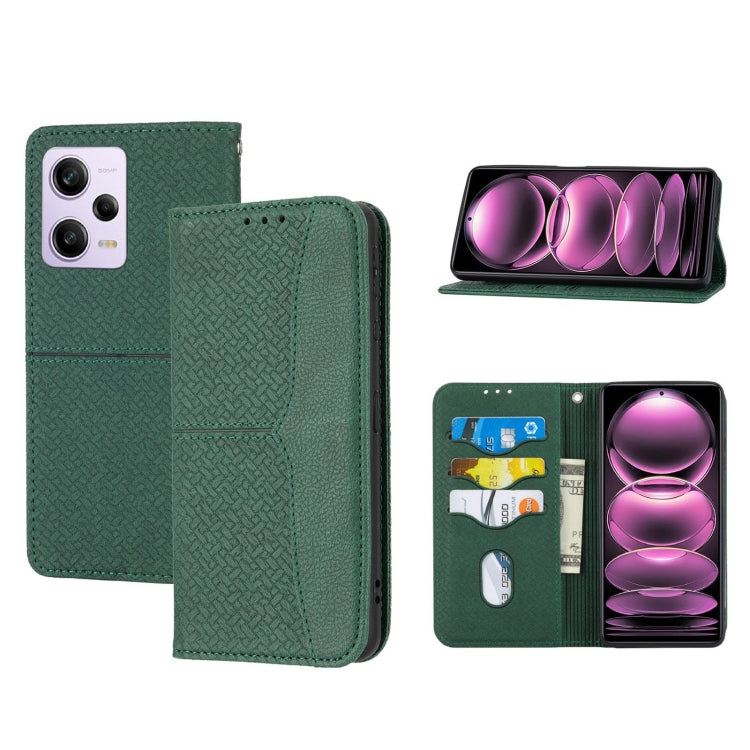 Green woven leather phone case with magnetic flap and stitched texture, front view