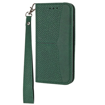 Green woven phone case with wrist strap, side view of magnetic folio