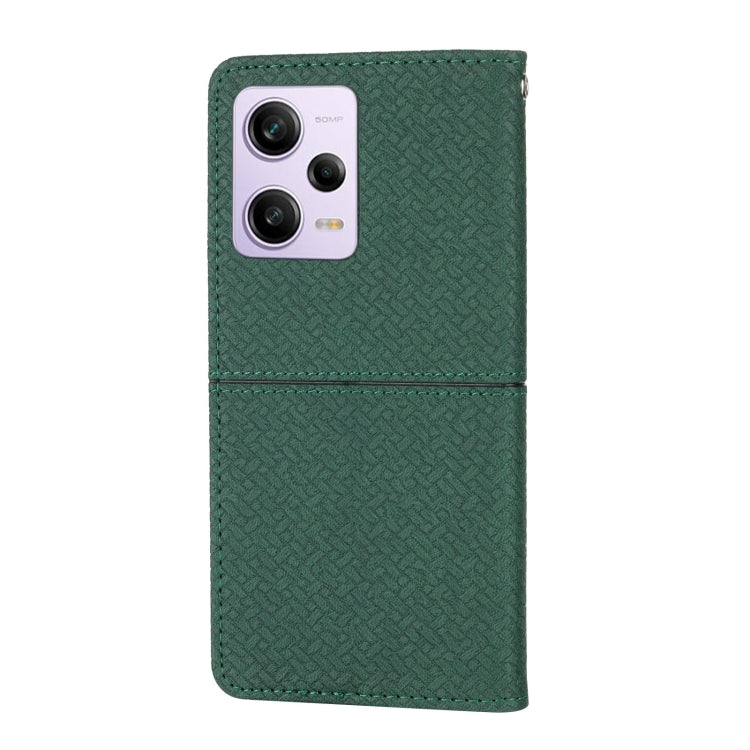 Green woven leather phone case with camera cutout, back view