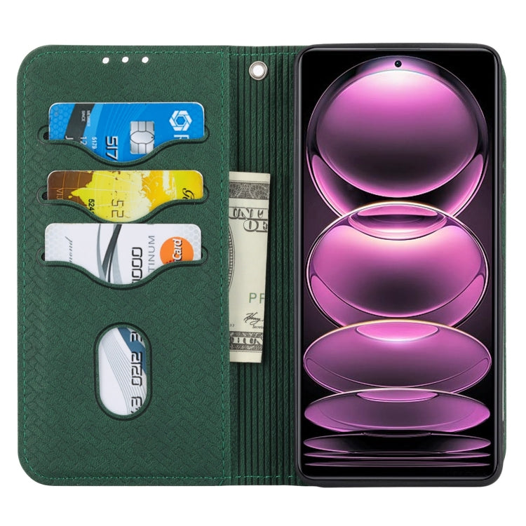 Green woven folio phone case with card slots and screen cover, open view