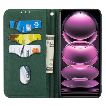 Green woven folio phone case with card slots and screen cover, open view