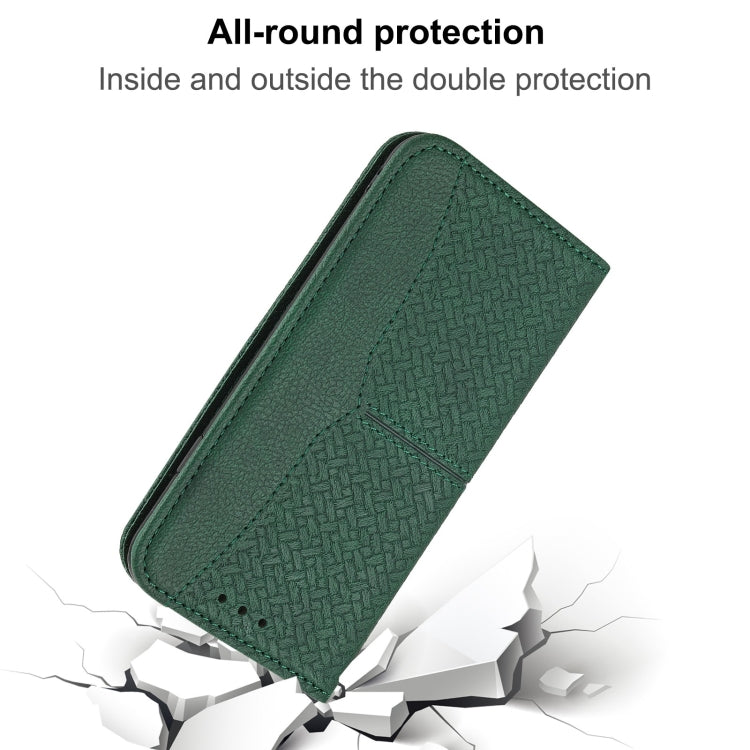 Green woven phone case with full protection design, angled view