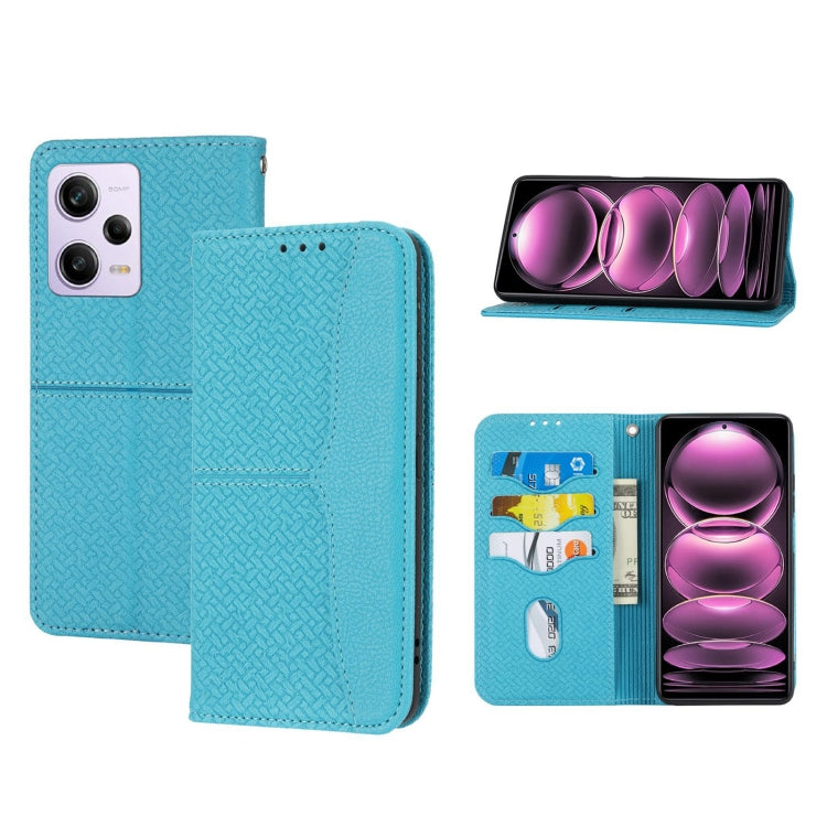 Blue woven-texture magnetic leather phone case with flip cover and card slots