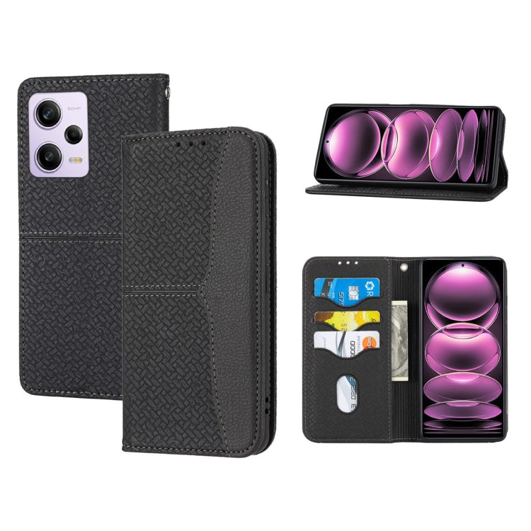Woven texture magnetic leather phone case in dark gray/black, with card slots