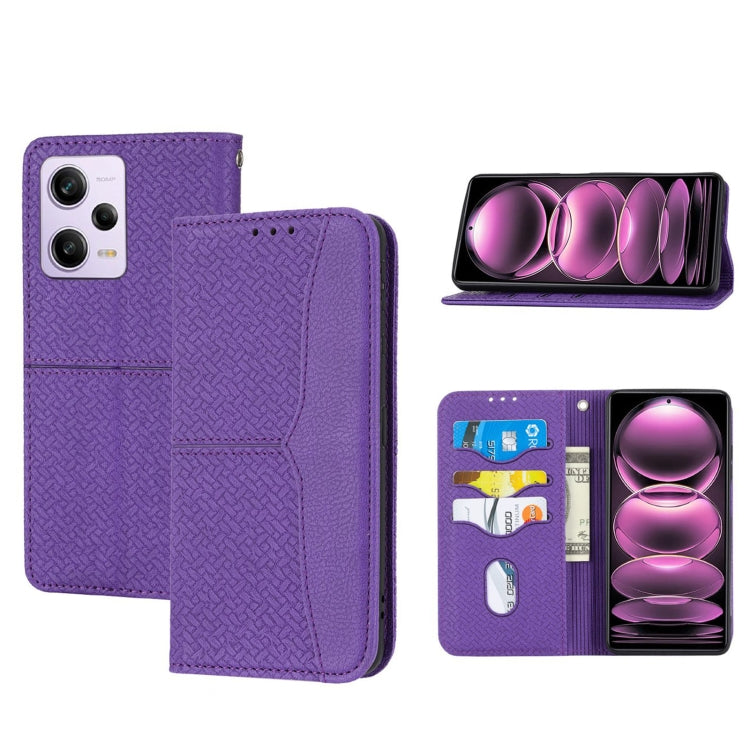 Purple woven texture folio phone case with magnetic closure and interior card holder