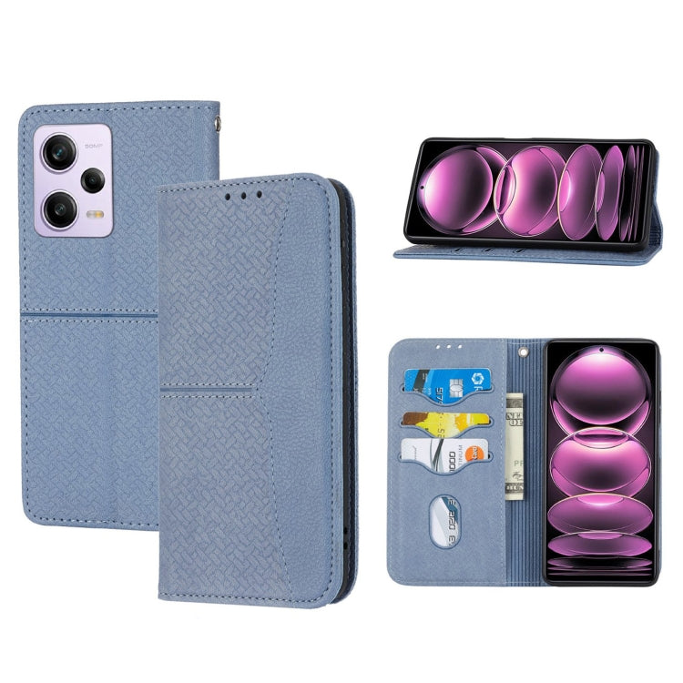 Light blue woven-texture magnetic leather phone case with card pocket and screen view