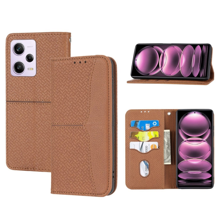 Woven texture magnetic phone case, brown folio with camera cutout and card pockets