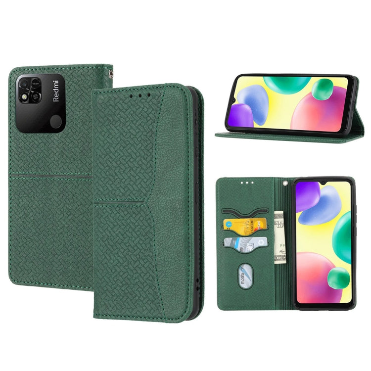 Green woven-texture magnetic leather phone case with flip cover and card slots