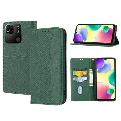 Green woven-texture magnetic leather phone case with flip cover and card slots
