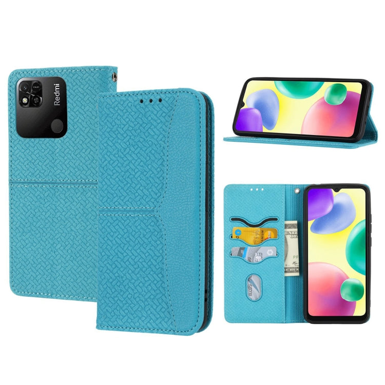 Teal woven-texture magnetic leather phone case with card slots and kickstand view
