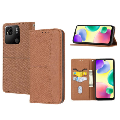 Brown woven texture magnetic leather phone case with card slots and front cover stand