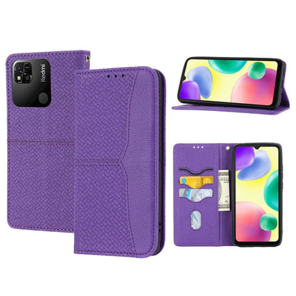 Woven texture magnetic leather phone case in purple, with card slots and stand
