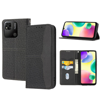 Dark textured flip phone case with magnetic closure, card slots, and stand for screen viewing