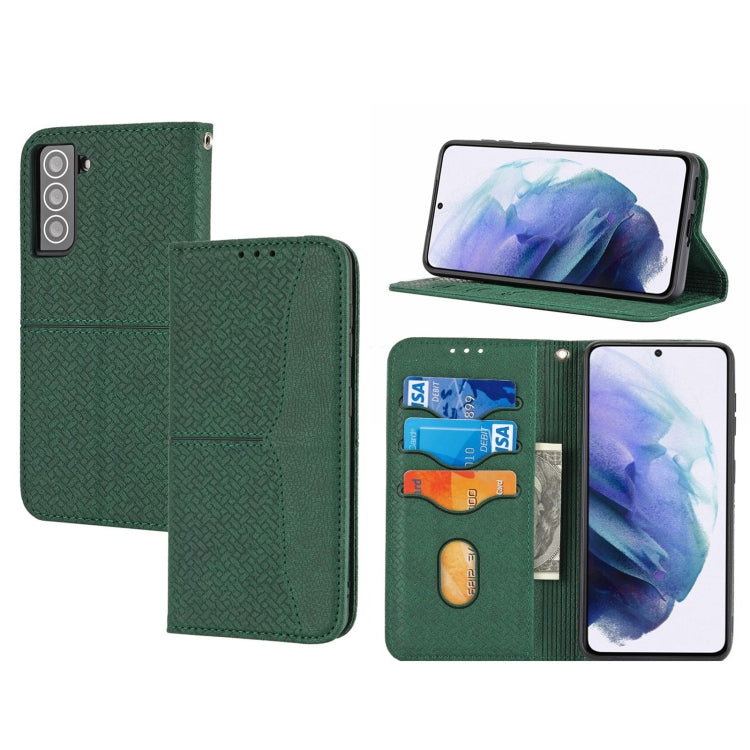 Green woven-texture magnetic leather phone case with flip cover and interior card slots