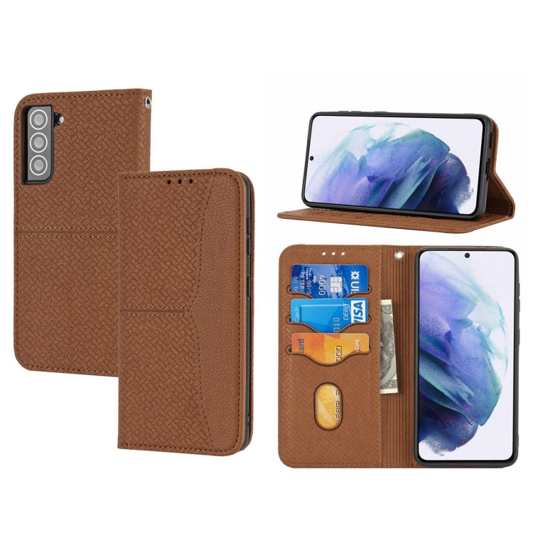 Brown woven texture magnetic leather phone case with cutouts and stand-up viewing angle