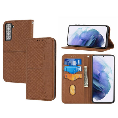 Brown woven texture magnetic leather phone case with cutouts and stand-up viewing angle