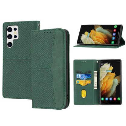 Green woven-texture magnetic leather phone case, front and back views with flip cover
