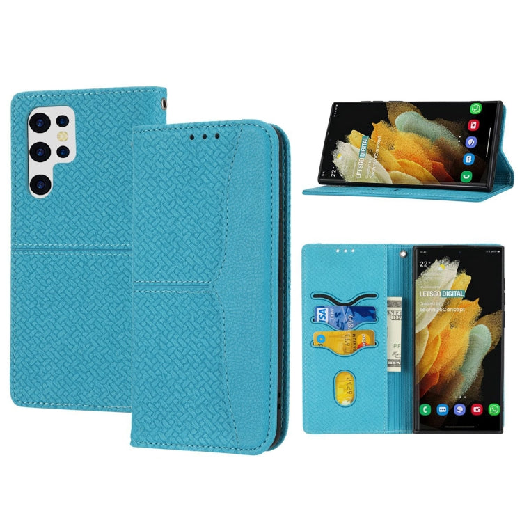 Teal woven-texture magnetic leather phone case with card slots and screen standby