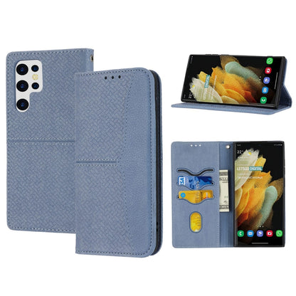 Woven texture magnetic phone case, light blue folio with flip cover and card pockets