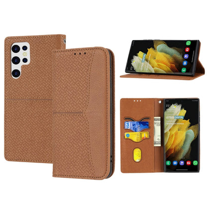 Brown woven texture leather folio phone case with card holder pockets and magnetic flap