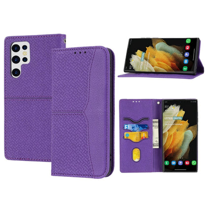 Purple woven texture magnetic leather phone case with stand view and card slots
