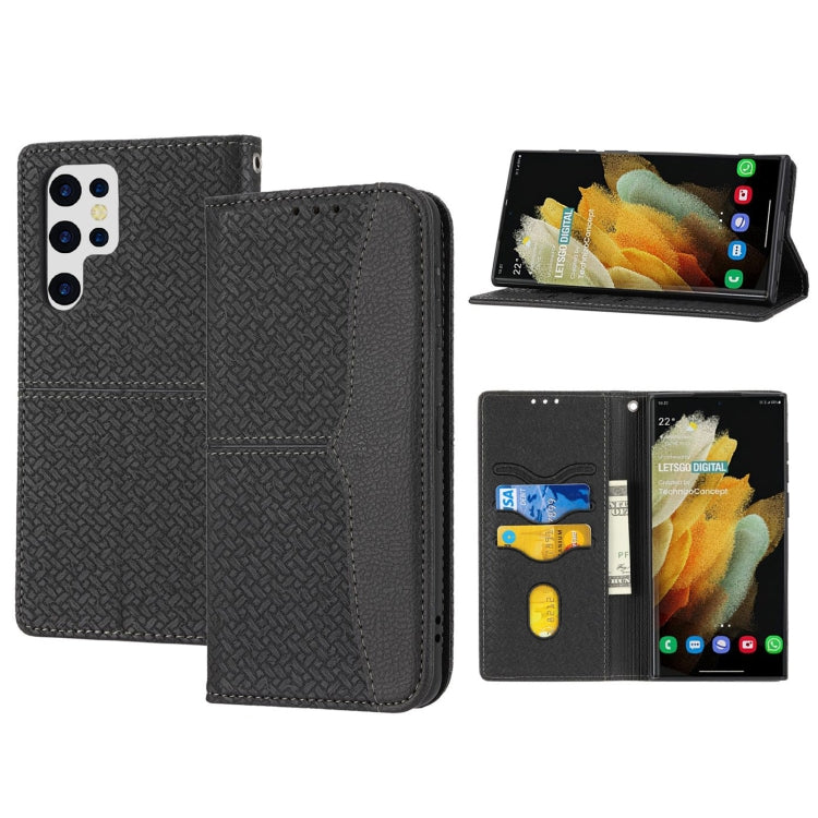 Dark textured flip phone case with magnetic closure, card slots, and stand for landscape use