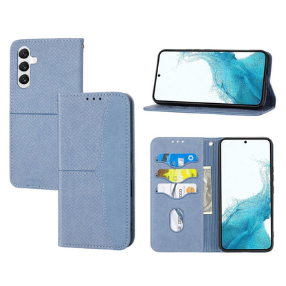 Woven texture magnetic phone case, light blue folio with camera cutout and card slots
