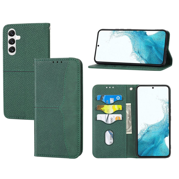 Green woven-texture magnetic leather phone case with flip cover, interior card slots