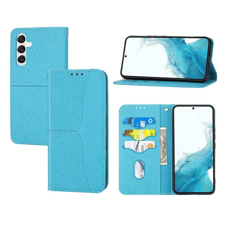 Teal woven-texture magnetic leather phone case, card slots visible, folio open