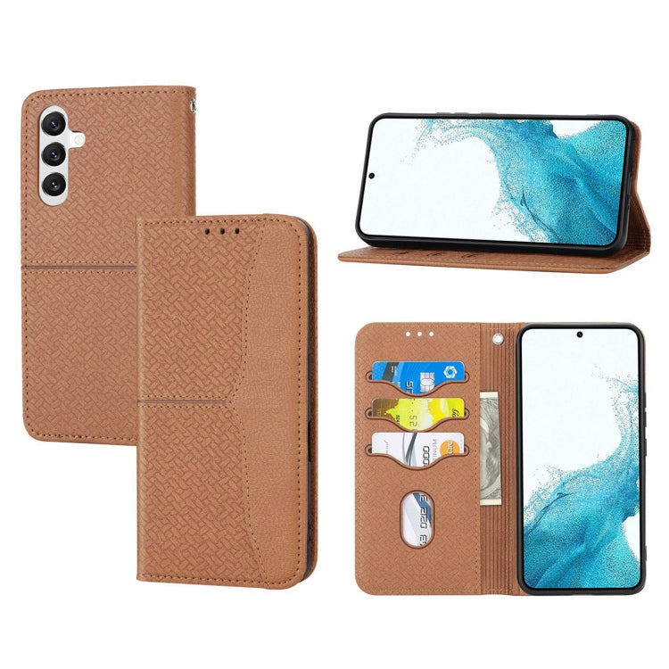 Brown woven texture leather folio phone case with magnetic closure and card slot interior