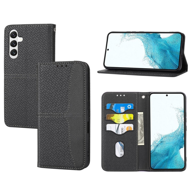 Dark textured flip phone case with magnetic closure, card holders, and viewing stand