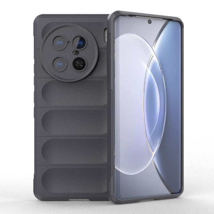 Dark grey TPU phone case with camera cutout and raised panel texture, open front view