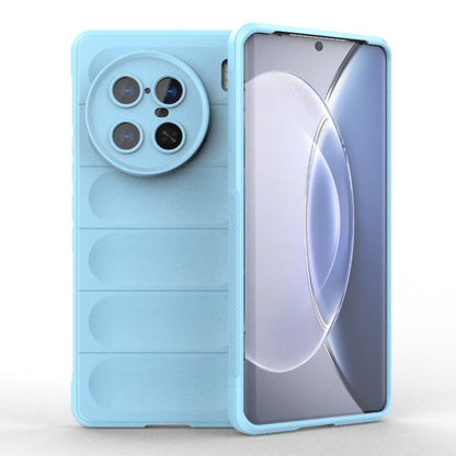 Light blue TPU phone case with camera cutout and raised panel texture, open front view