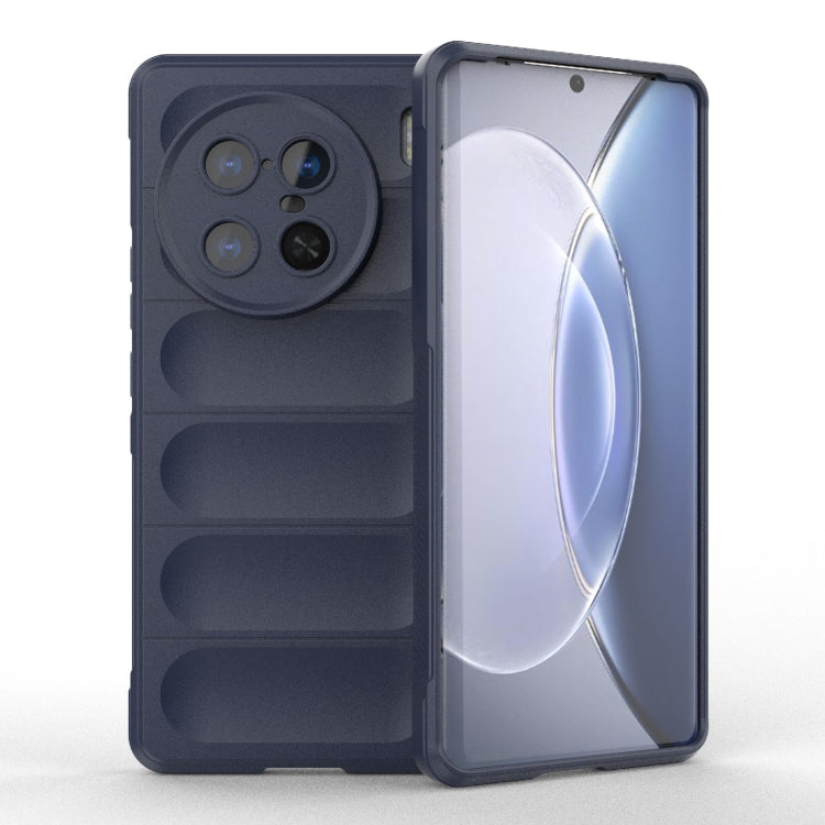 Dark blue TPU phone case with camera cutout and raised panel texture, open front view