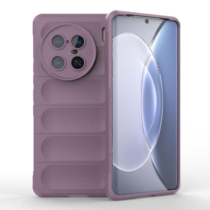 Purple TPU phone case with camera cutout and raised panel texture, open front view