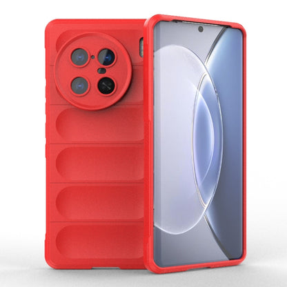 Red TPU phone case with camera cutout and raised panel texture, open front view