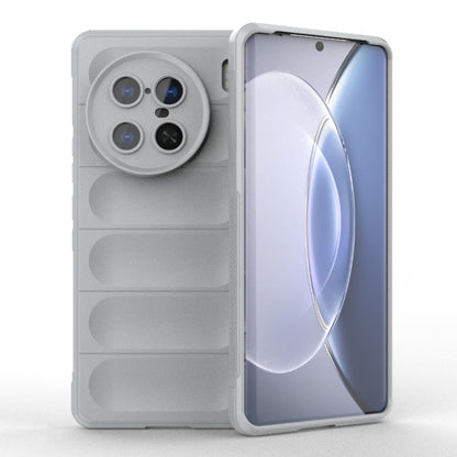 Light grey TPU flannel phone case, open cover with camera cutouts and ridged panels