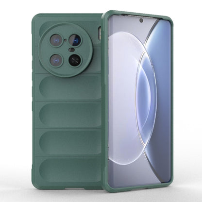 Dark green TPU flannel phone case, open cover showing camera cutouts and ridged back