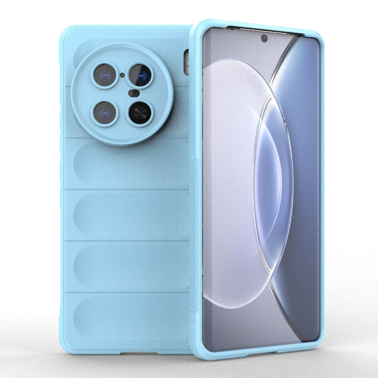 Light blue TPU flannel phone case, open cover with camera cutouts and ridged texture