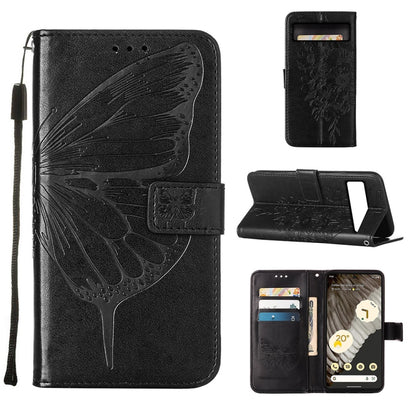 Black embossed butterfly leather phone case with folio card slots and wrist strap
