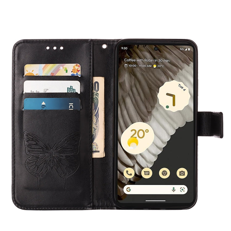 Black leather phone case with embossed butterfly, internal card slots, and stand