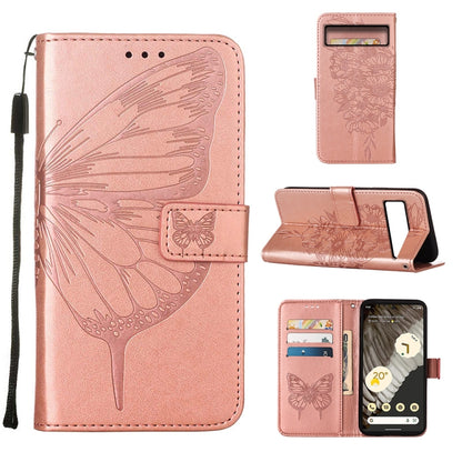 Rose pink embossed butterfly leather phone case with folio card slots and wrist strap