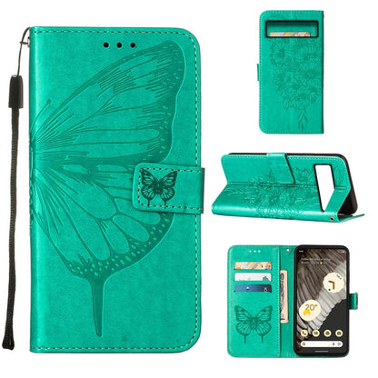 Green embossed butterfly leather phone case with folio card slots and wrist strap