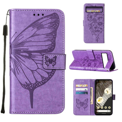 Light purple embossed butterfly leather phone case with folio card slots and wrist strap