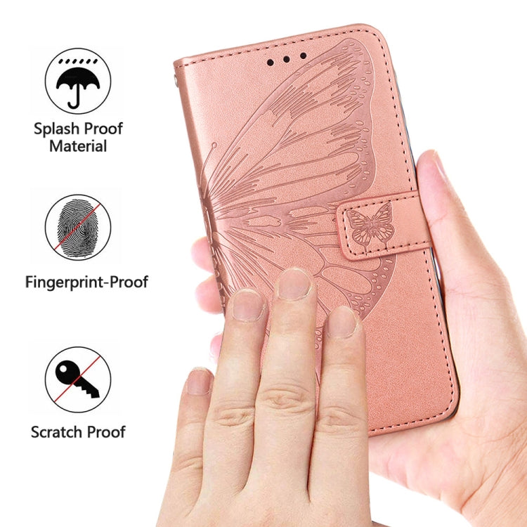 Pink embossed butterfly leather folio phone case, snap cover, hand holding