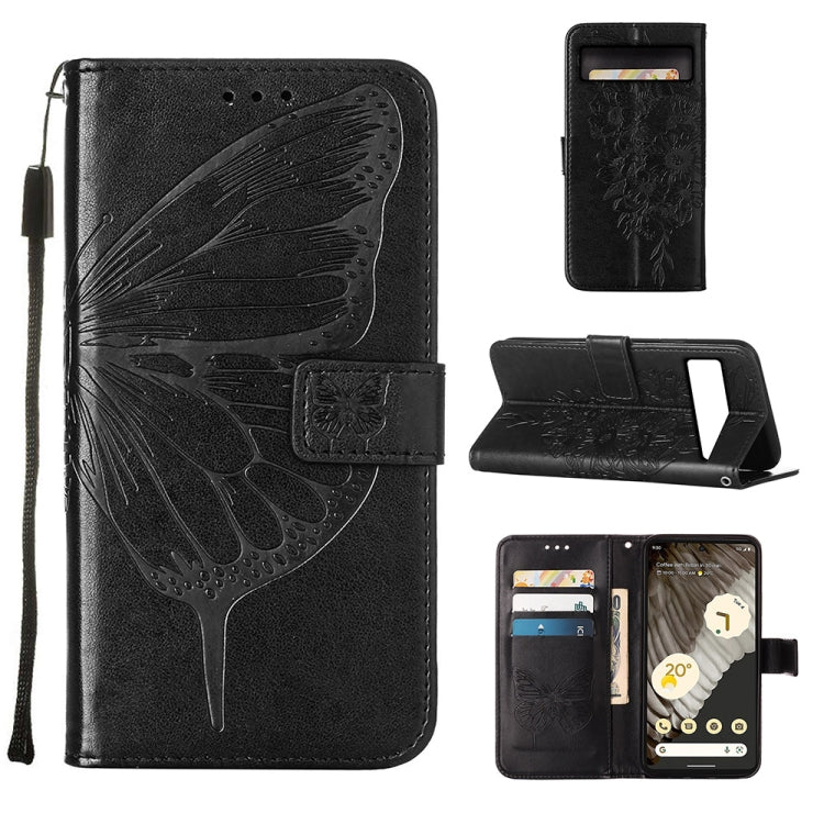 Embossed butterfly leather folio phone case, snap cover, black